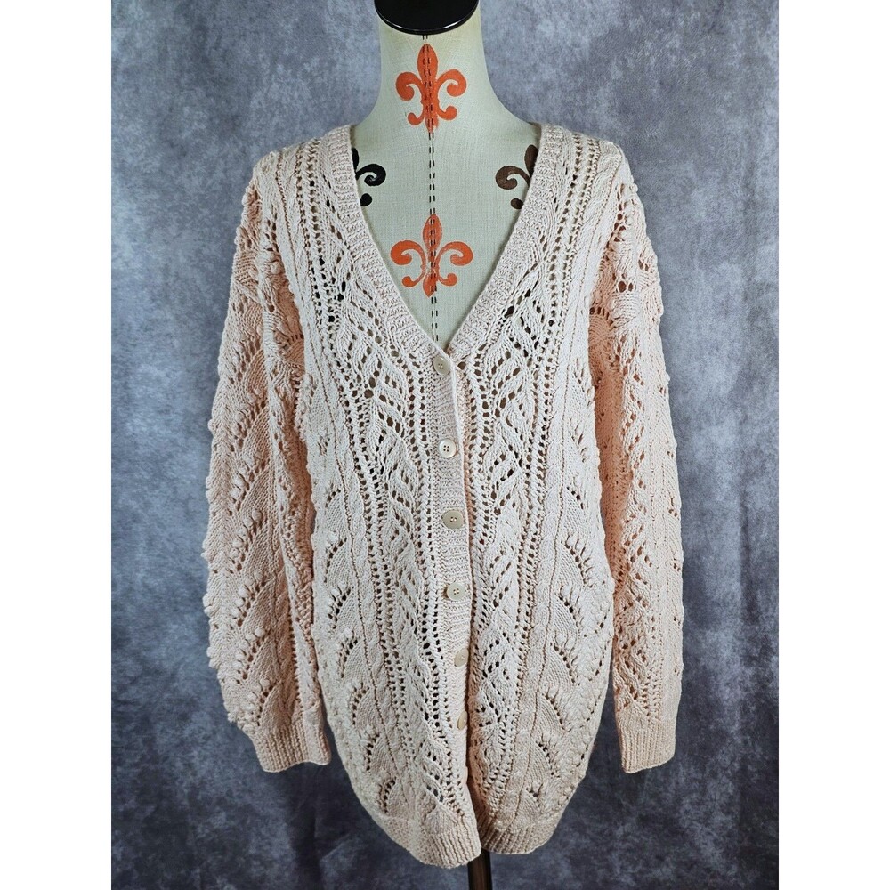 VTG Needleworks Hand Knitted  Cardigan Sweater Womens M Chunky Cable Pink EUC